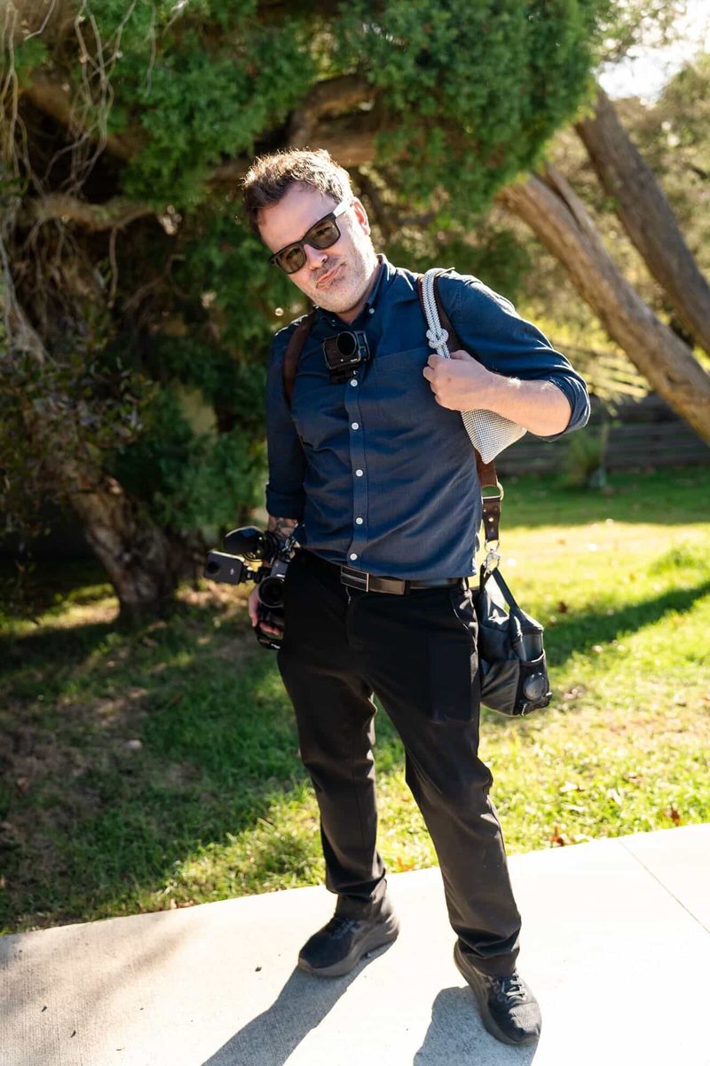 Gareth loaded up with camera gear before a wedding